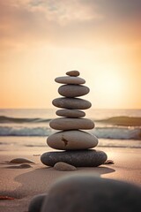 Pyramids of gray zen pebble meditation stones sea or ocean sand beach sunset or sunrise background. Concept of harmony, balance and meditation, spa, massage, relax. - obrazy, fototapety, plakaty
