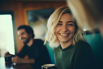 coffee drinking candid photo. happy smiling young blond sitting in a cafe sitting with a friend. close up portrait of a cheerful woman with her smile in main focus. depth of field and cinematic look.