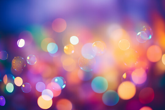 colorful bokeh sparkle abstract background in purple with holographic bubbles