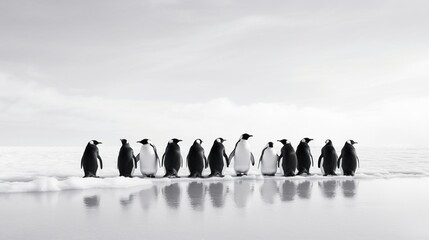 Group of penguins waddling across a vast, icy expanse, their fluffy bodies perfectly adapted to the harsh Antarctic climate.