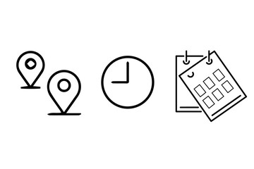 Date, time and address icon set. Event elements isolated on transparent background. Calendar, address location pointer icon. Web icons set. Black & white vector illustration. 