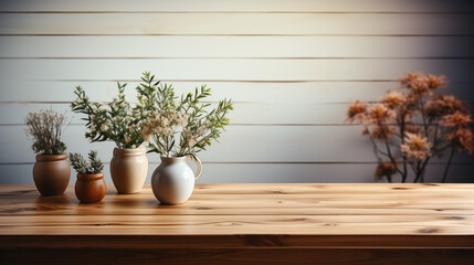 Wooden table top on blur white wall room background 