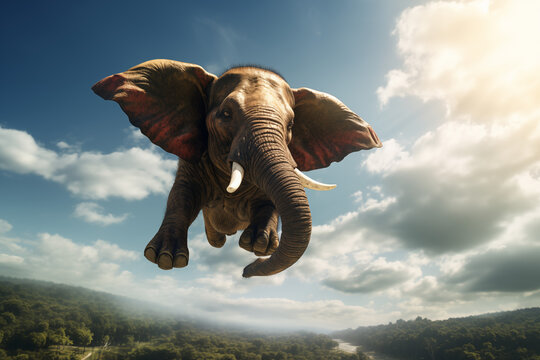 elephant flying through the sky in sunshine with fluffy white clouds