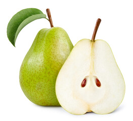 Ripe pear with green leaf clipping path