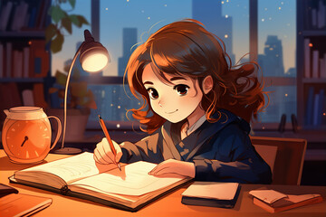 a cute girl doing homework on the desk near the window with intend - obrazy, fototapety, plakaty