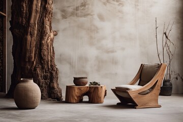 The charm of rustic minimalism captured in an HD image of a living room with a fabric lounge chair and wood stump side table.