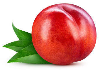 Ripe peach with leaf isolated