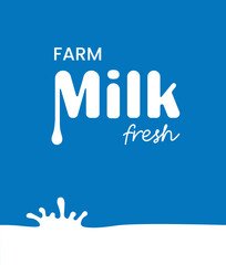 A simple logo for a cow's milk brand. Milk splash logo, dairy products icon. Vector white splashes and white Milk lettering on blue background. Vector illustration EPS10