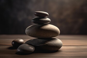 Balanced pyramids of gray zen pebble meditation stones. Concept of harmony, mental health, balance and meditation, spa, massage, relax.