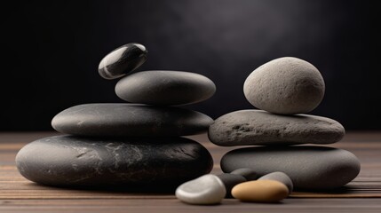 Balanced pyramids of gray zen pebble meditation stones. Concept of harmony, mental health, balance and meditation, spa, massage, relax.