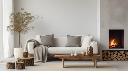 Corner, sofa near fireplace. Scandinavian home interior design of modern living room