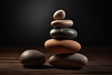 Balanced pyramids of gray zen pebble meditation stones. Concept of harmony, mental health, balance and meditation, spa, massage, relax.