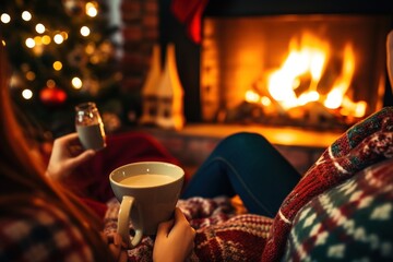 People relax sitting on the sofa and drink hot drinks near the fireplace in their home.
