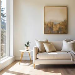 Neutral Living Room with sofa, large painting and plant