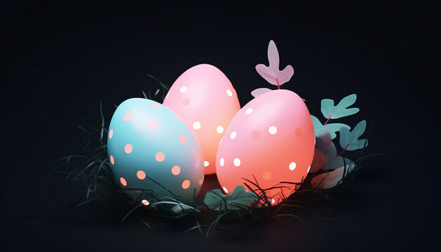 Easter eggs in neon glow, 3D render. generative ai