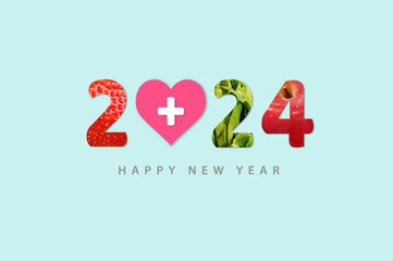 2024 Happy New Year for healthcare. Fruit and vegetables which make 2024 number isolated on blue...