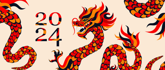 Chinese New Year.2024 is the year of the Dragon.Dragon background.Happy New Year.Vector illustration.