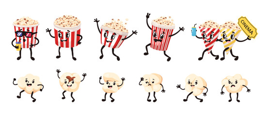 Fototapeta na wymiar Cartoon popcorn mascot. Funny popping corn and popcorn bucket characters in 1930s rubber hose style, vector illustration set