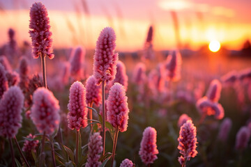 vibrant tranquil beauty of meadow flowers in soft glow of evening, embodying gentle breeze, blossoms in their twilight, and quietude of a meadow at day's end - obrazy, fototapety, plakaty