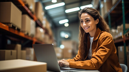 Beautiful Woman using Laptop at warehouse.