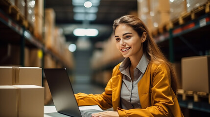 Fototapeta premium Beautiful Woman using Laptop at warehouse.