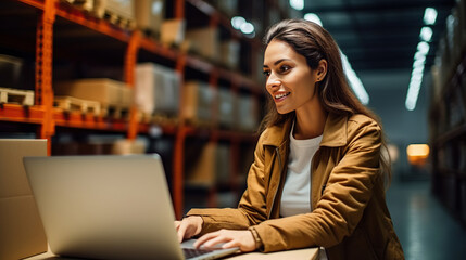 Beautiful Woman using Laptop at warehouse.