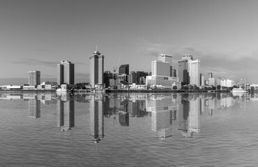 scenic view to New Orleans skyline in morning light from river Mississippi, USA