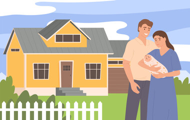 Cartoon family home. Suburban house with happy father, mother and kids together outdoors. Real estate vector illustration