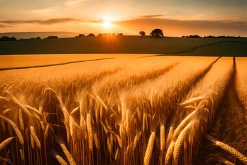 rural landscape with  wheat field on sunset