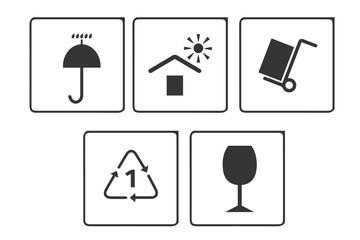 A set of packaging symbols. Common packaging & warning symbol set. Black & white flat style icons with frame & outline vector. Fragile, recycle, Handle with care, This side up, Indoor use only.