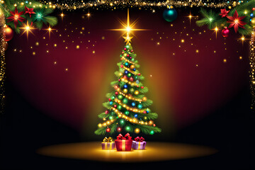 The Christmas tree sparkles with colorful lights, casting a warm and festive glow. Generative AI.