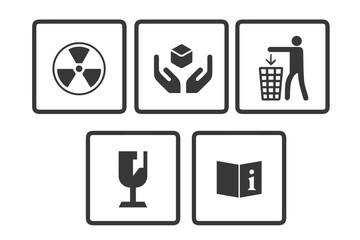 A set of packaging symbols. Common packaging & warning symbol set. Black & white flat style icons with frame & outline vector. Fragile, recycle, Handle with care, This side up, Indoor use only.