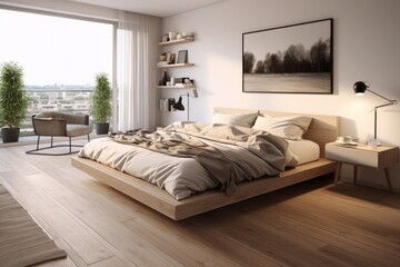 Fototapeta na wymiar Bedroom spacious Scandinavian, mid-century home interior design of modern bedroom, generated with AI