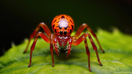 Fototapeta premium A close-up macro shot of a small tiny red spider on a leaf.