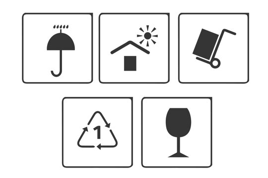 A set of packaging symbols. Common packaging & warning symbol set. Black & white flat style icons with frame & outline vector. Fragile, recycle, Handle with care, This side up, Indoor use only.