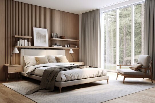 bedroom spacious Scandinavian, mid-century home interior design of modern bed room --ar 3:2 --v 5.2 Job ID: 0f6dbce0-5976-49e4-afbe-0f2212941bc2