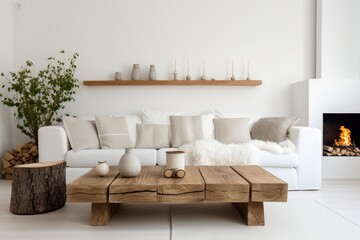 Fireplace against white sofa and rustic wooden coffee table. Scandinavian style home interior, generated with AI