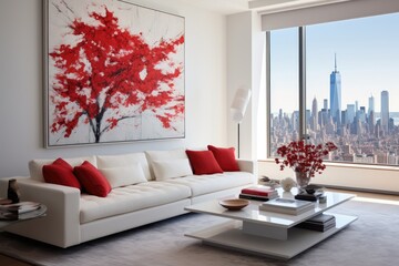High-end Manhattan apartment,  splashes of bold red art, elegant white furniture, panoramic city view, generated with AI