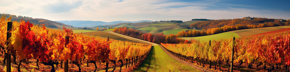 Autumn hillside vineyard full of fallen colored leaves.
