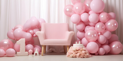 Beautiful pink balloons, cake and chair in the interior of the room, Beautiful decoration armchair and balloons for a baby shower party, 
