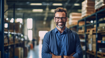 Obraz premium A happy salesman stand holding tablet in large warehouse.