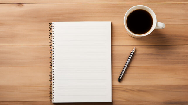 Note book and pencil with coffee mug, blank note book, can use for as a template for business purpose, on the wooden table with top view