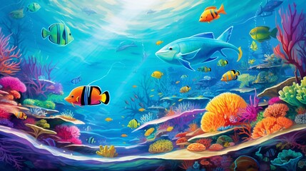 Fleet of colorful fish swimming among the coral reefs, their scales shimmering in the clear turquoise waters of a tropical paradise.