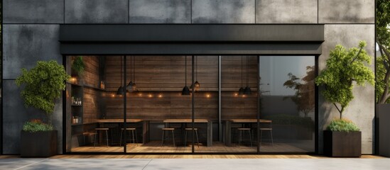 of a modern Loft cafe and restaurant with metal sheet black walls concrete and black metal frame windows