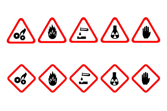 Isolated hazardous material signs. Hazard danger red vector signs.  Globally Harmonized System Warning Signs GHS. Hazmat isolated placards. Official Hazard pictograms standard. Biohazard toxic signs