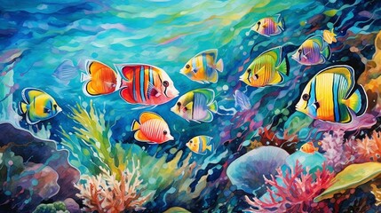 Fleet of colorful fish swimming among the coral reefs, their scales shimmering in the clear turquoise waters of a tropical paradise.