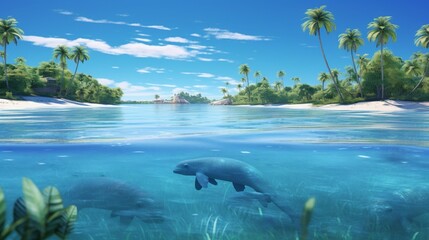 Gentle manatees floating in a calm, turquoise bay, their whiskered faces breaking the surface of the water as they breathe, with palm trees and a clear blue sky framing the scene in paradise.