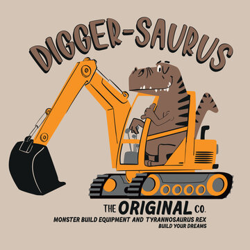 Cute dino excataor driver illustration.