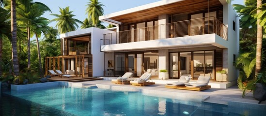 Contemporary villa with pool tropical garden featuring palm trees and tourist hostel - obrazy, fototapety, plakaty