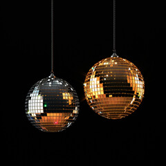 a close up shot of a disco balls hanging on a black background